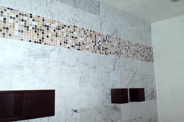 Marble Shower with Glass Mosaic Accents Installed Marble Shower with Glass Mosaic Accents Installed